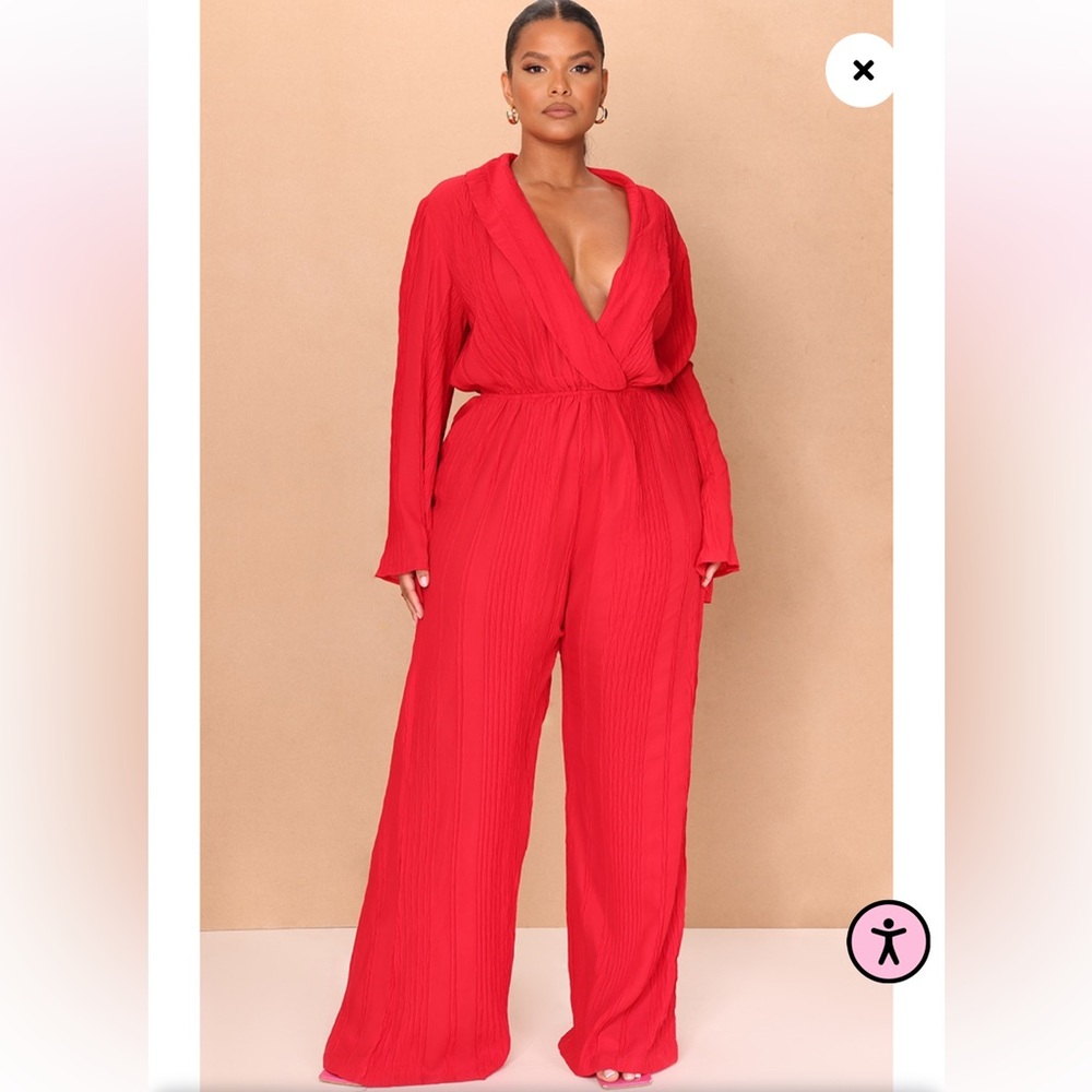PrettyLittleThing Plus Red Deep-V Textured Wide Leg Jumpsuit 14